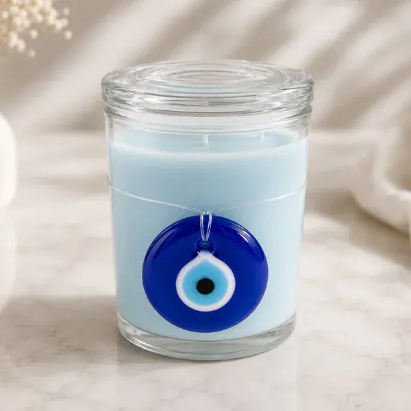 Evil eye candle with its clear glass lid