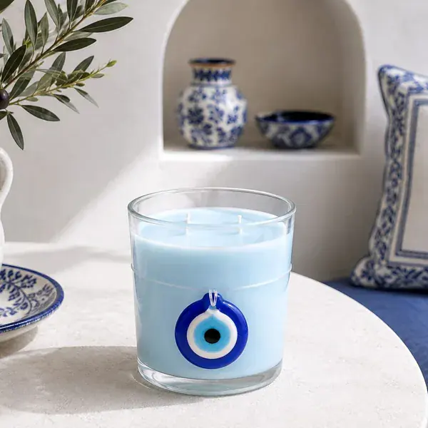 Evil eye candle styled in a blue and white interior