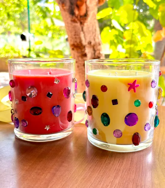 Ready-Made Bedazzle Scented Candle with colourful decorative details